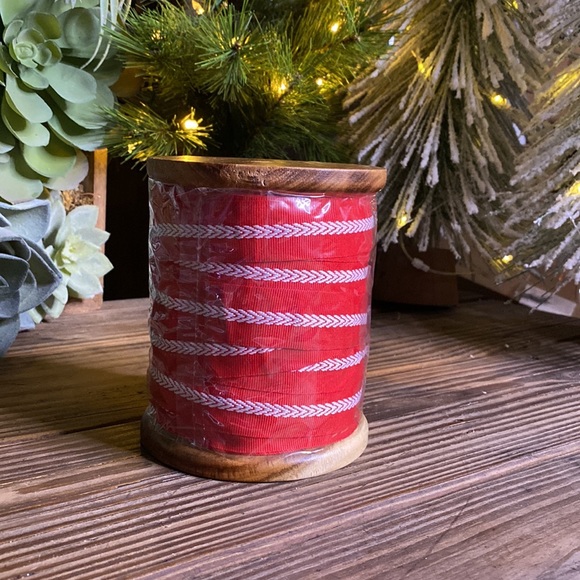 Pottery Barn Wooden Spool of Red and White Grosgrain Ribbon - Picture 2 of 16